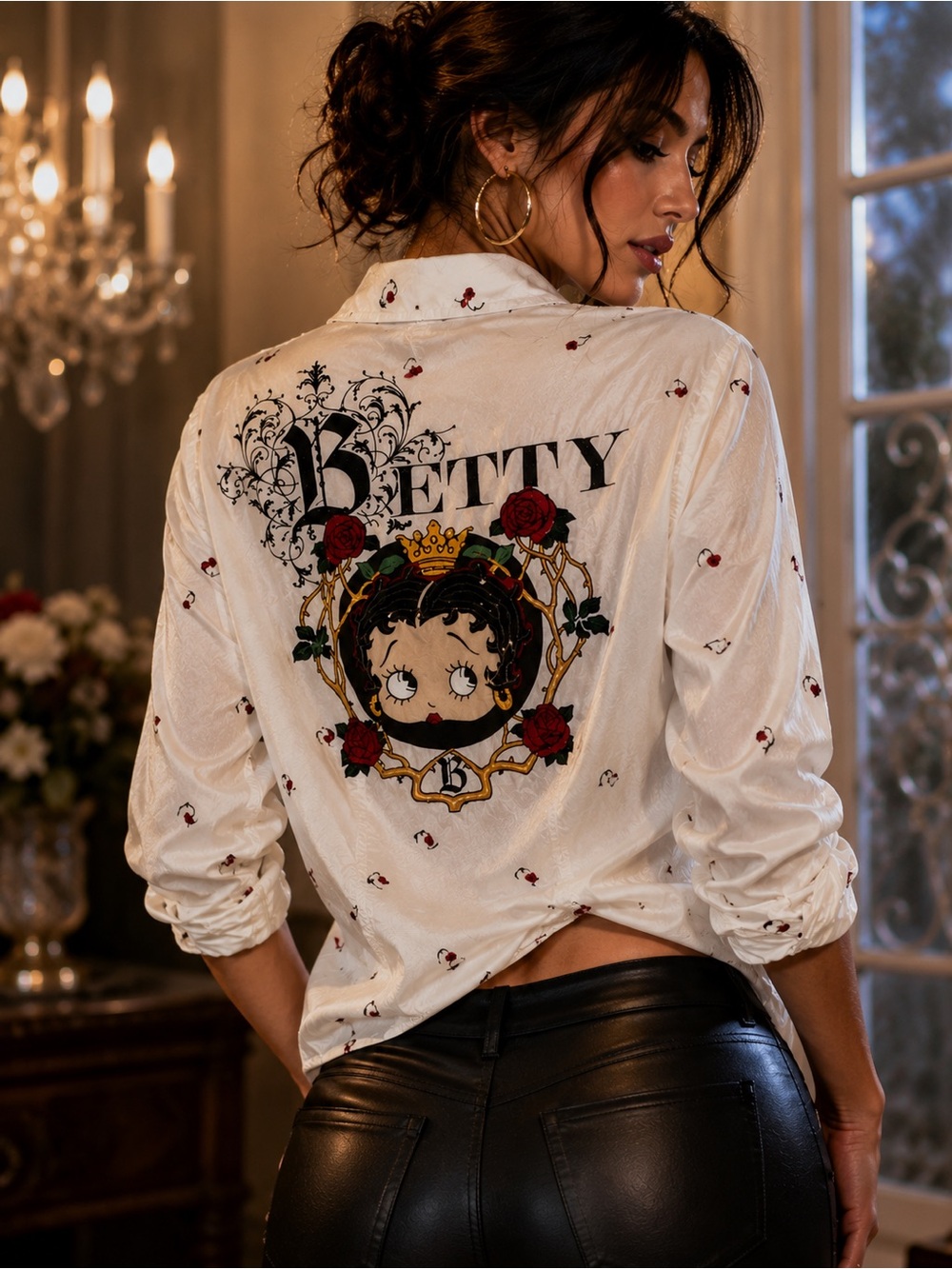 Vintage Betty Boop JG Hook Blouse Large 100% Rayon Sequin Button-Up Embroidered